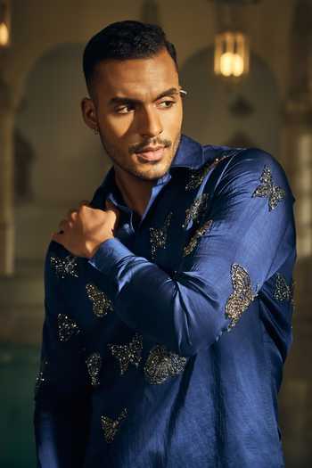 Shop_Mahima Mahajan_Blue Satin, Linen Embroidery Ishir Kurta And Pant Set 