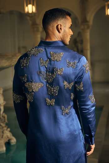 Mahima Mahajan_Blue Satin, Linen Embroidery Ishir Kurta And Pant Set _Online