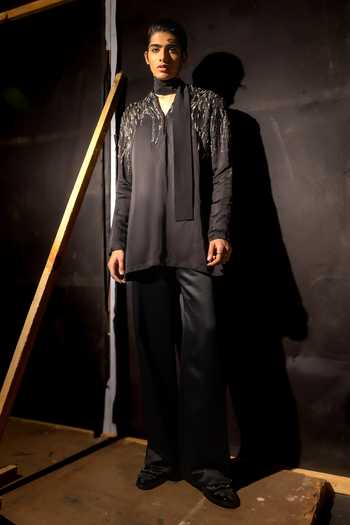 Buy_Mahima Mahajan_Black Satin, Linen Sequins Yug Embroidered Kurta And Trouser Set _at_Aza_Fashions
