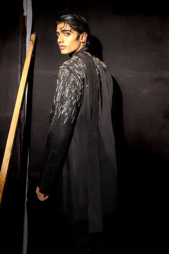 Shop_Mahima Mahajan_Black Satin, Linen Sequins Yug Embroidered Kurta And Trouser Set _at_Aza_Fashions