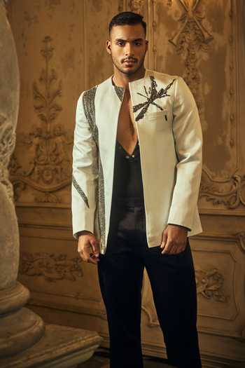 Buy_Mahima Mahajan_Blue Satin, Linen Embroidery Zayan Hand Jacket _at_Aza_Fashions