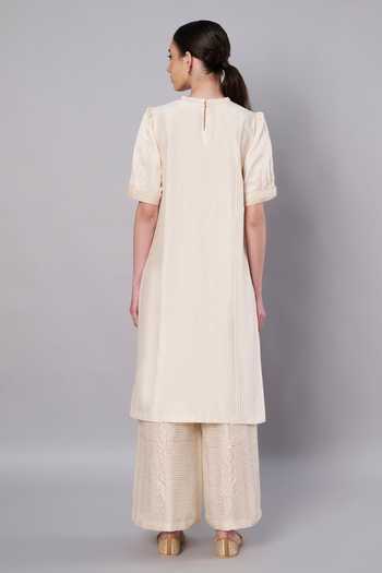 Shop_Doux Amour_Ivory Chanderi, Cotton, Tissue Embroidery, Aurora 3d Floral Kurta And Palazzo Set _at_Aza_Fashions