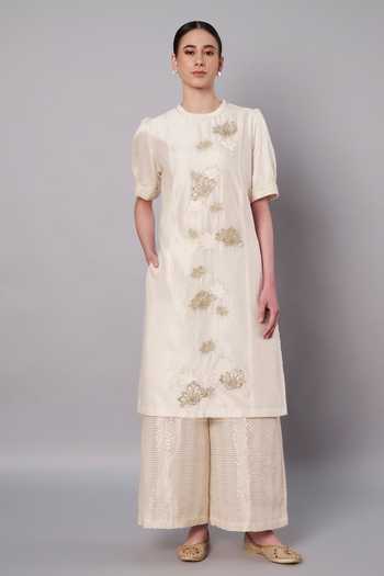 Buy_Doux Amour_Ivory Chanderi, Cotton, Tissue Embroidery, Aurora 3d Floral Kurta And Palazzo Set _at_Aza_Fashions