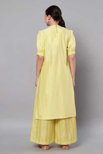 Shop_Doux Amour_Yellow Chanderi, Cotton, Tissue Aurora 3d Floral Kurta And Palazzo Set _at_Aza_Fashions