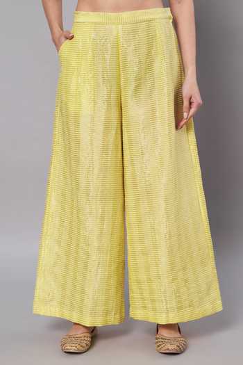 Shop_Doux Amour_Yellow Chanderi, Cotton, Tissue Aurora 3d Floral Kurta And Palazzo Set _Online_at_Aza_Fashions