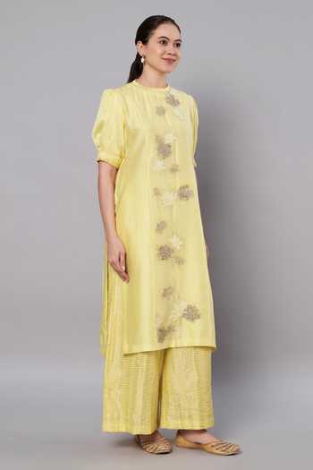 Doux Amour_Yellow Chanderi, Cotton, Tissue Aurora 3d Floral Kurta And Palazzo Set _at_Aza_Fashions