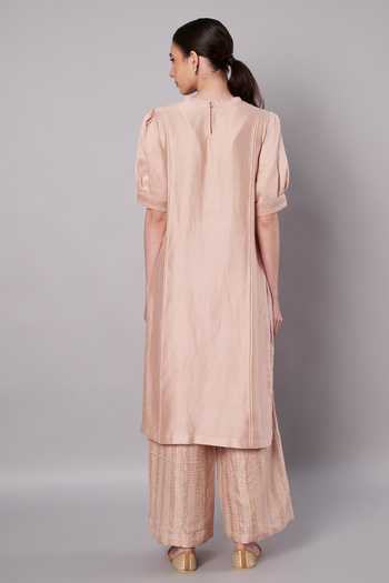 Shop_Doux Amour_Blush Chanderi, Cotton, Tissue Embroidery, Aurora 3d Floral Kurta And Palazzo Set _at_Aza_Fashions