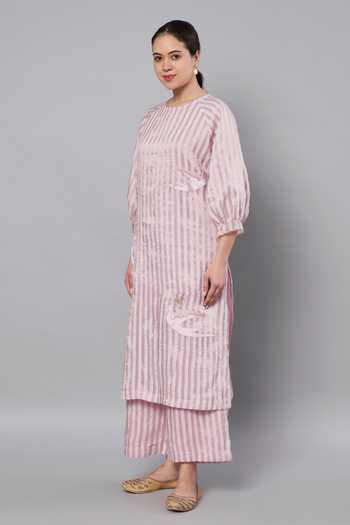 Shop_Doux Amour_Purple Tissue Applique Round Neck, Yes Breeze Work Kurta And Pant Set _at_Aza_Fashions