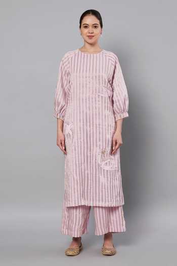 Buy_Doux Amour_Purple Tissue Applique Round Neck, Yes Breeze Work Kurta And Pant Set _at_Aza_Fashions