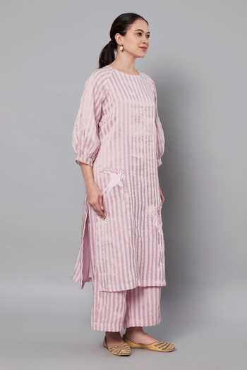 Doux Amour_Purple Tissue Applique Round Neck, Yes Breeze Work Kurta And Pant Set _Online_at_Aza_Fashions