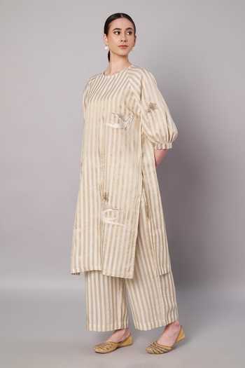 Shop_Doux Amour_Ivory Tissue Applique Round Neck Breeze Embroidered Kurta And Pant Set _Online_at_Aza_Fashions