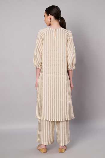 Shop_Doux Amour_Ivory Tissue Applique Round Neck Breeze Embroidered Kurta And Pant Set _at_Aza_Fashions