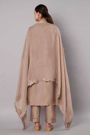 Shop_Doux Amour_Taupe Chanderi Applique, Embroidery, Beads Round Breeze Trail A-line Kurta Set _at_Aza_Fashions