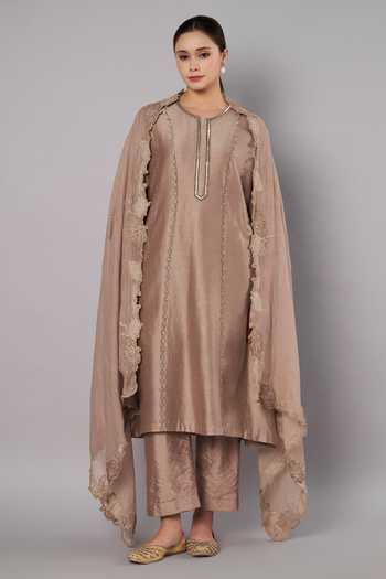 Buy_Doux Amour_Taupe Chanderi Applique, Embroidery, Beads Round Breeze Trail A-line Kurta Set _at_Aza_Fashions