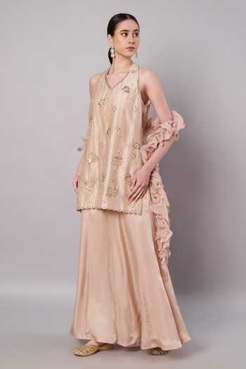Doux Amour_Gold Chanderi, Organza, Satin Embroidery, Beads, Florale Kurta Sharara Set _Online_at_Aza_Fashions