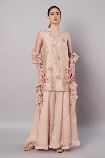 Buy_Doux Amour_Gold Chanderi, Organza, Satin Embroidery, Beads, Florale Kurta Sharara Set _at_Aza_Fashions