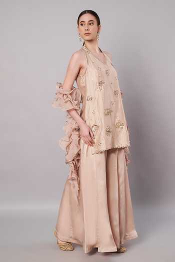 Doux Amour_Gold Chanderi, Organza, Satin Embroidery, Beads, Florale Kurta Sharara Set _at_Aza_Fashions