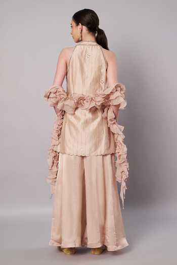 Shop_Doux Amour_Gold Chanderi, Organza, Satin Embroidery, Beads, Florale Kurta Sharara Set _at_Aza_Fashions