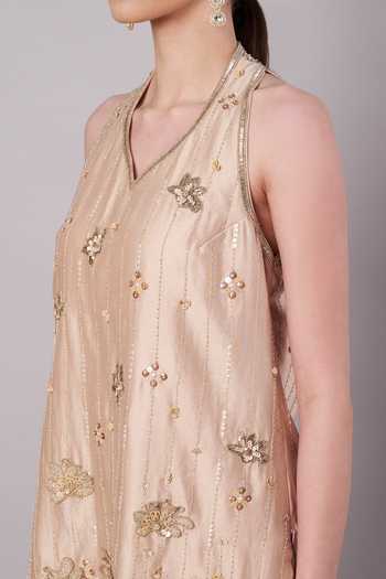 Doux Amour_Gold Chanderi, Organza, Satin Embroidery, Beads, Florale Kurta Sharara Set _Online