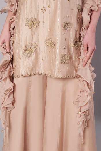 Buy_Doux Amour_Gold Chanderi, Organza, Satin Embroidery, Beads, Florale Kurta Sharara Set _Online