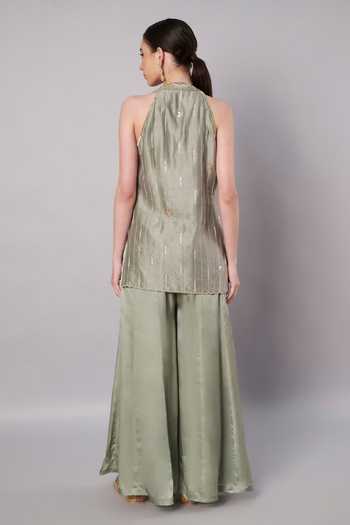 Doux Amour_Green Chanderi, Organza, Satin Applique, Embroidery, Beads Florale Kurta Set _Online_at_Aza_Fashions