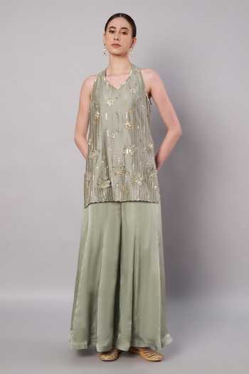 Buy_Doux Amour_Green Chanderi, Organza, Satin Applique, Embroidery, Beads Florale Kurta Set _Online_at_Aza_Fashions