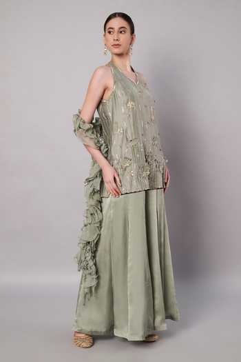 Shop_Doux Amour_Green Chanderi, Organza, Satin Applique, Embroidery, Beads Florale Kurta Set _Online_at_Aza_Fashions