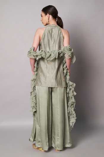 Shop_Doux Amour_Green Chanderi, Organza, Satin Applique, Embroidery, Beads Florale Kurta Set _at_Aza_Fashions