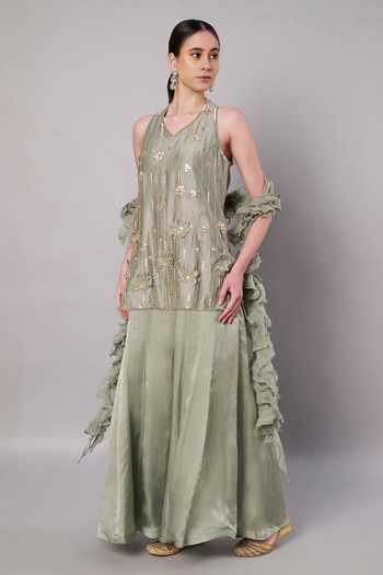 Buy_Doux Amour_Green Chanderi, Organza, Satin Applique, Embroidery, Beads Florale Kurta Set _at_Aza_Fashions