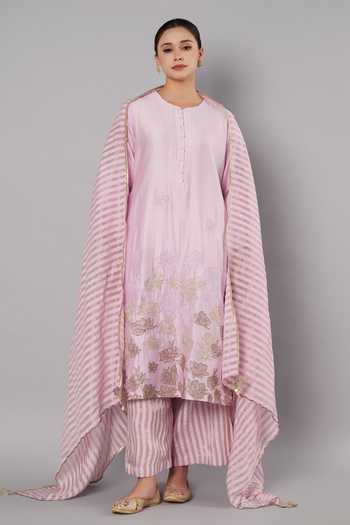 Buy_Doux Amour_Purple Chanderi, Tissue Applique, Beads, Petal Promise Embroidered Kurta Set _at_Aza_Fashions