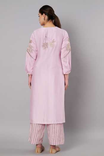 Shop_Doux Amour_Purple Chanderi, Tissue Applique, Beads, Petal Promise Embroidered Kurta Set _at_Aza_Fashions