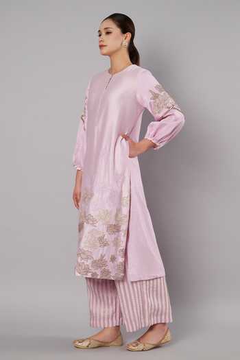 Doux Amour_Purple Chanderi, Tissue Applique, Beads, Petal Promise Embroidered Kurta Set _at_Aza_Fashions