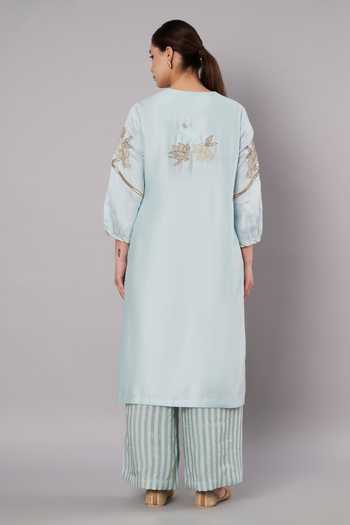 Shop_Doux Amour_Blue Chanderi, Tissue Embroidery, Beads, Tassels Round Petal Promise Kurta Set _at_Aza_Fashions