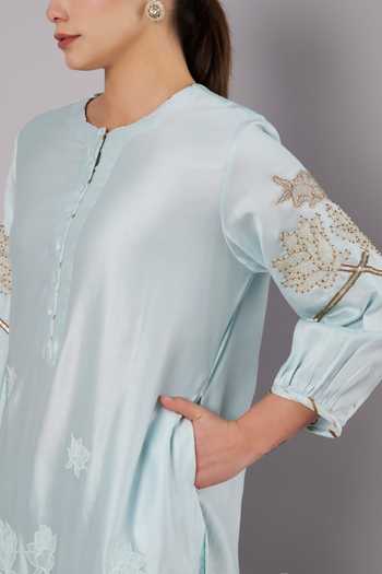 Doux Amour_Blue Chanderi, Tissue Embroidery, Beads, Tassels Round Petal Promise Kurta Set _at_Aza_Fashions