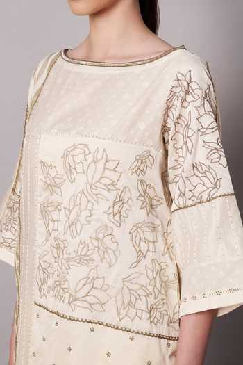 Buy_Doux Amour_Ivory Cotton, Chanderi Embroidery, Beads, Spring Collage Kurta And Palazzo Set 
