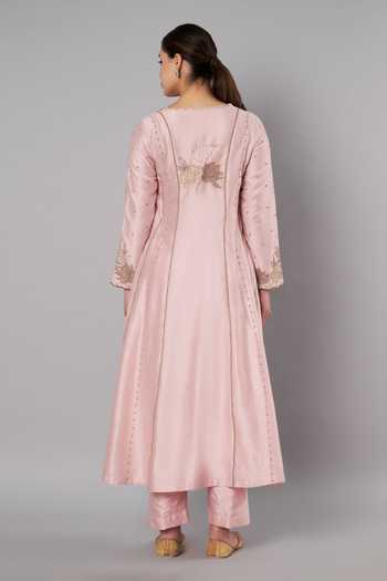 Shop_Doux Amour_Pink Chanderi Embroidery, Beads V-neck Spring Halo Anarkali Set _at_Aza_Fashions