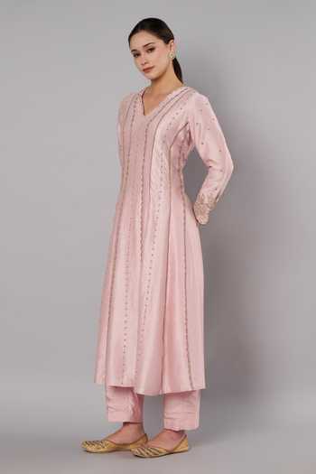Doux Amour_Pink Chanderi Embroidery, Beads V-neck Spring Halo Anarkali Set _at_Aza_Fashions