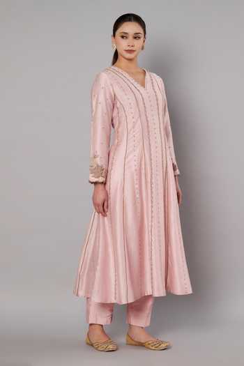 Buy_Doux Amour_Pink Chanderi Embroidery, Beads V-neck Spring Halo Anarkali Set 