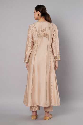 Shop_Doux Amour_Gold Chanderi Embroidery, Beads, Applique V-neck Spring Halo Anarkali Set _at_Aza_Fashions