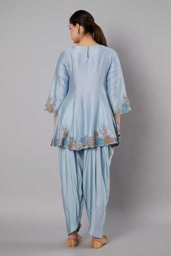 Shop_Doux Amour_Blue Chanderi, Modal, Rayon Embroidery, Beads, Applique Meadow Peplum Kurta Set _at_Aza_Fashions
