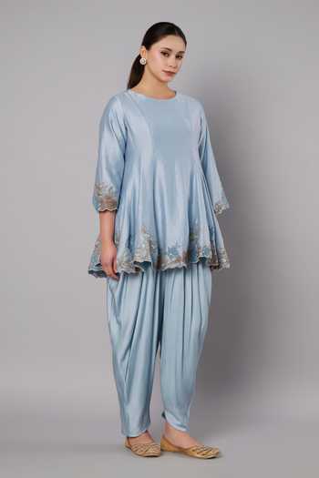 Doux Amour_Blue Chanderi, Modal, Rayon Embroidery, Beads, Applique Meadow Peplum Kurta Set _Online_at_Aza_Fashions