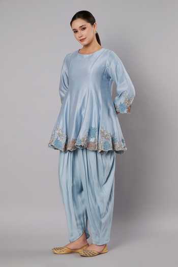 Buy_Doux Amour_Blue Chanderi, Modal, Rayon Embroidery, Beads, Applique Meadow Peplum Kurta Set _Online_at_Aza_Fashions