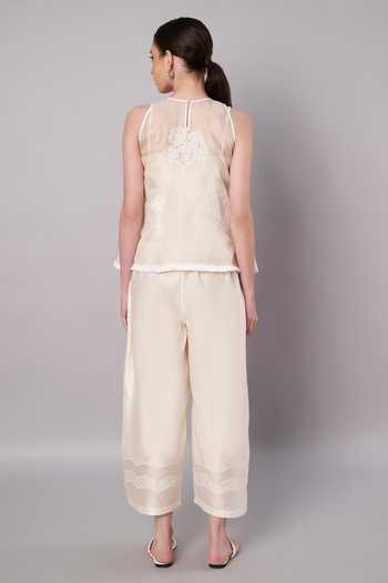 Shop_Doux Amour_Ivory Chanderi Applique High Neck Haze Floral Work Top And Pant Set _at_Aza_Fashions