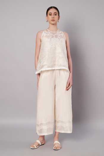Buy_Doux Amour_Ivory Chanderi Applique High Neck Haze Floral Work Top And Pant Set _at_Aza_Fashions
