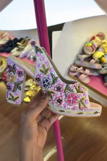 Buy_Tiesta_Pink Embroidery, Sequins, Beads Raw Silk Slingback Block Heels _at_Aza_Fashions
