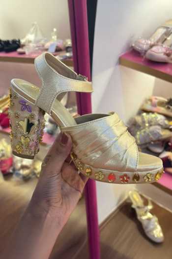 Buy_Tiesta_Gold Mirrors, Fabric Flowers, Studs Glam Embellished Block Heels _at_Aza_Fashions