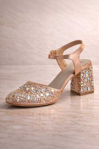 Shop_Tiesta_Peach Embroidery, Sequins, Pearls, Stones Petals Block Heels _at_Aza_Fashions