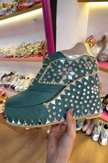 Buy_Tiesta_Green Mirror Crystal Embellished Raw Silk Sneakers _at_Aza_Fashions