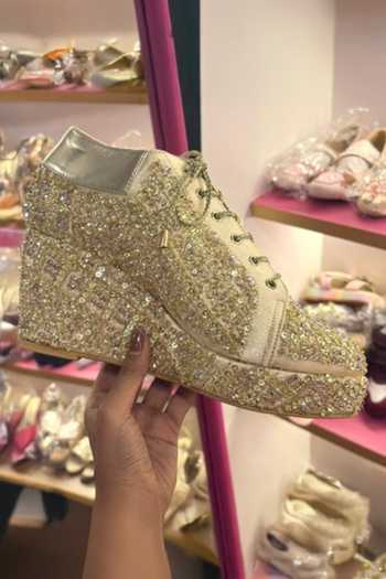 Buy_Tiesta_Gold Crystal Wedge Sneakers _at_Aza_Fashions
