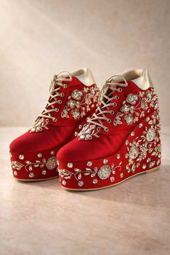 Buy_Tiesta_Red Crystal Embellished Wedge Sneakers _at_Aza_Fashions